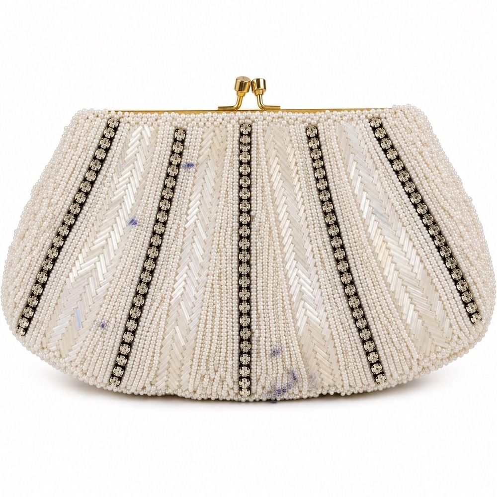 1950s La Regale Beaded Clutch Bag White Rhinestone Evening Purse HK Handmade